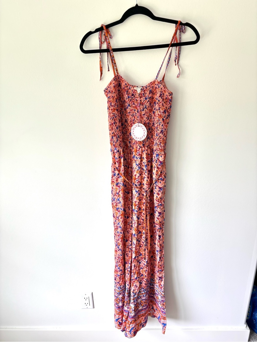 Umgee Peach Floral Boho Jumpsuit Tie Straps Beach Vacation Colorful Hippie